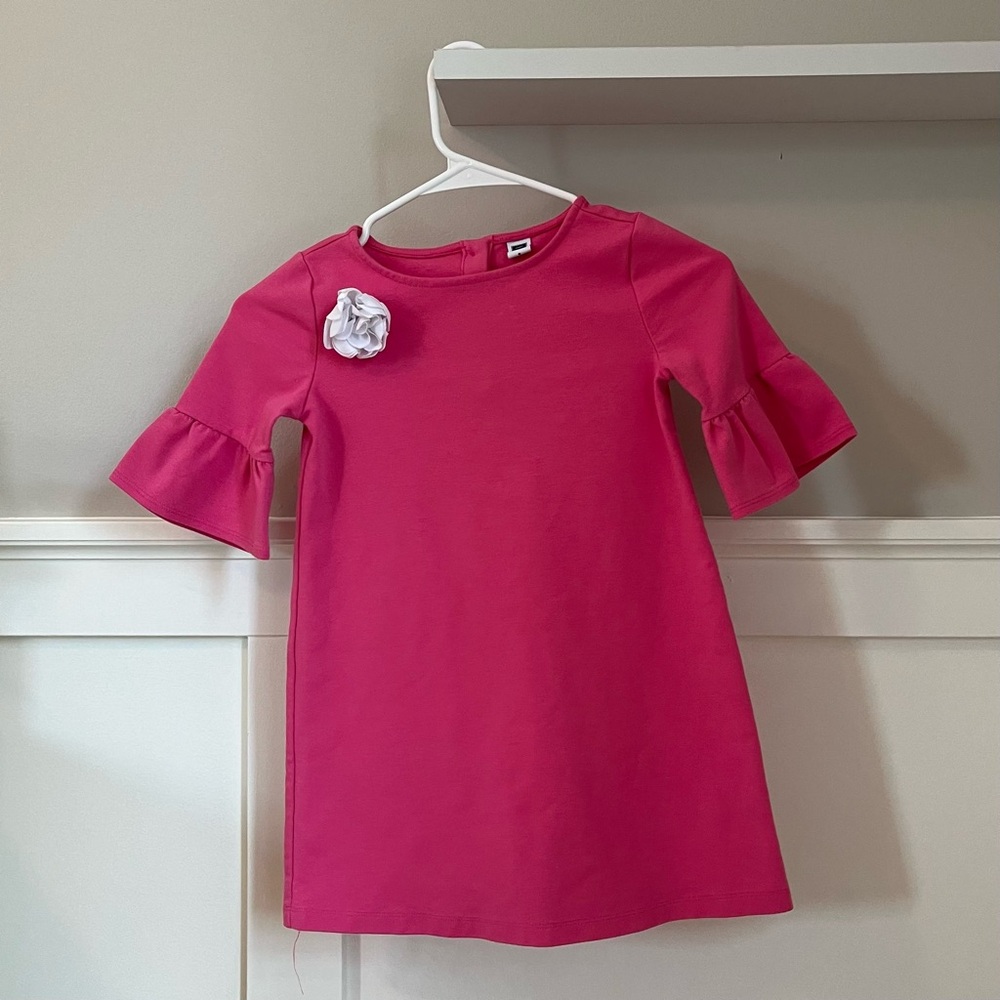 SALE! Janie & Jack Pink 3/4 Sleeve Ruffle Shift Dress w/White Rosette. Size: 6.